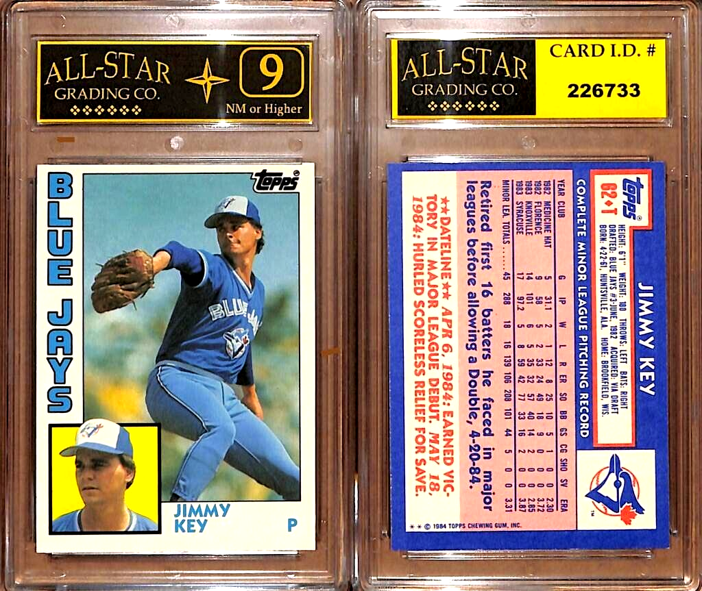 JIMMY KEY 1984 Topps Traded Baseball ROOKIE Card #62T Blue Jays GRADED ASG 9 #GM. rookie card picture