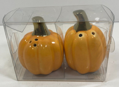 Set of Pumpkin Salt & Pepper Shakers Orange with Gold Stems Knightbridge NIP