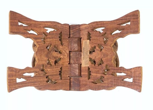 Ornate Carved Wood BOOK HOLDER Vtg Folding BIBLE Cookbook STAND INDIA Sheesham