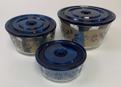 Temptations by Tara 3 Glass Storage Bowls With Suction Lids Old World Blue 