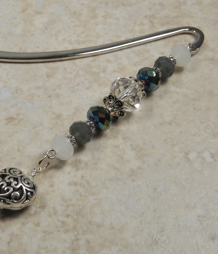 Heart Mini Bookmark Handmade Beaded Crystal Silver 4.5