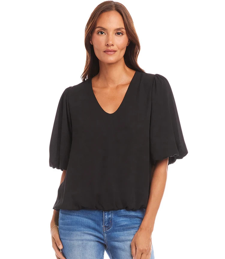 Karen Kane Puffed Sleeve Blouse Hem Top Women's S Black V-neck Pullover Style - Picture 1 of 14
