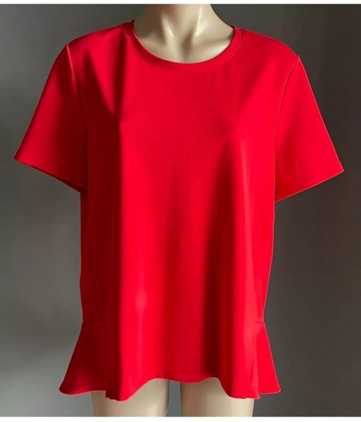 FRENCH CONNECTION Red Orange Blouse Size L 14 Frill Hem Short Sleeve Top Fits 10