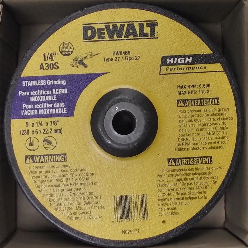 Dewalt DW8468 Type 27 9" x 1/4" x 7/8" Stainless Steel Grinding Wheel