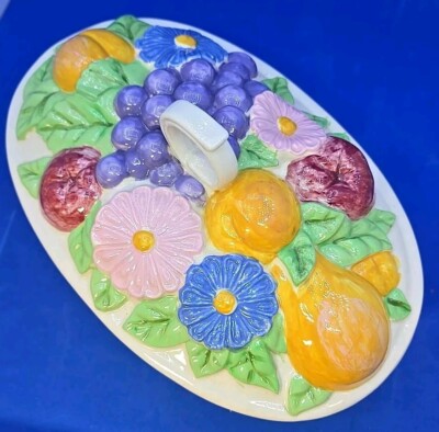 Ceramic Woven  Fruit Basket Lidded Casserole Vegetable Dish Handpainted 10½ X 6¾