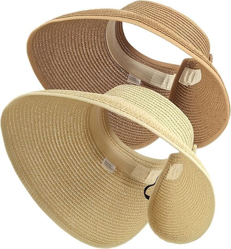 2Pcs Summer Straw Hat Foldable Visor Hats,Sun Visors for Women Wide Brim Straw P