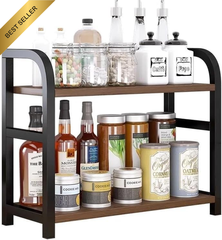 Kitchen Countertop Stainless Steel +Wooden Board 2-Tier Seasoning Storage Rack,