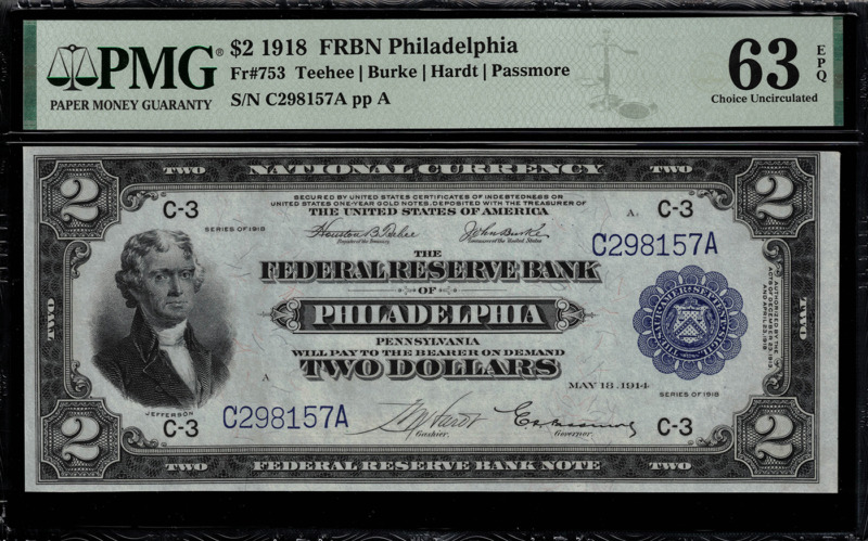 1918 $2 Federal Reserve Bank Note Philadelphia Battleship - Fr-753 - Pmg 63 Epq