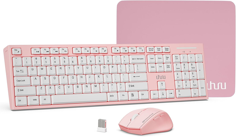 UHURU Pink Wireless Keyboard and Mouse, Keyboard and Mouse Combo with Mouse Pad,