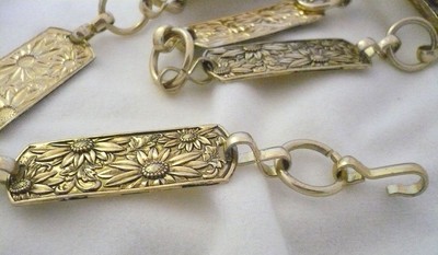 Gold chain belt rectangular discs with antiqued gold flower design 39