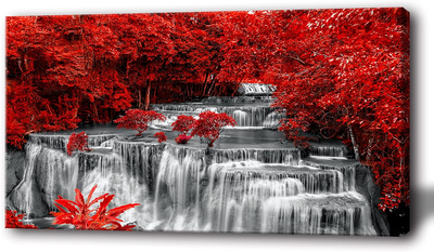 Black and White Decor Waterfall Wall Art Red Forest Scenery