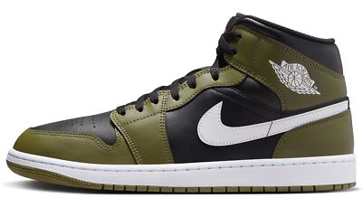 Мужские кроссовки Jordan 1 Mid Black/White-Средний оливковый цвет-Парусина (DQ8426 092)