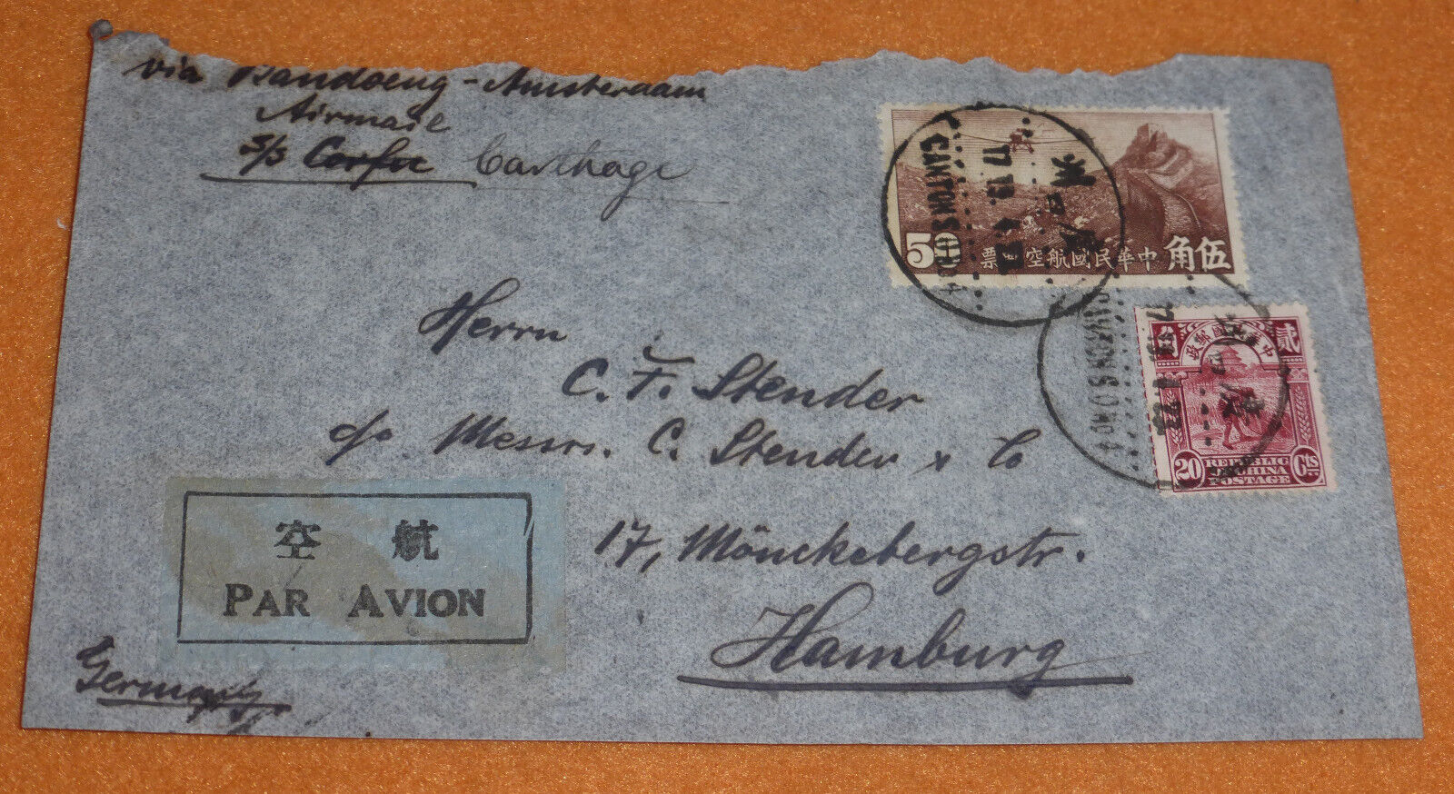 China Mi. 162 +  266 Bahnpost Brief Canton Hamburg SS Carthage via Amsterdam 1934