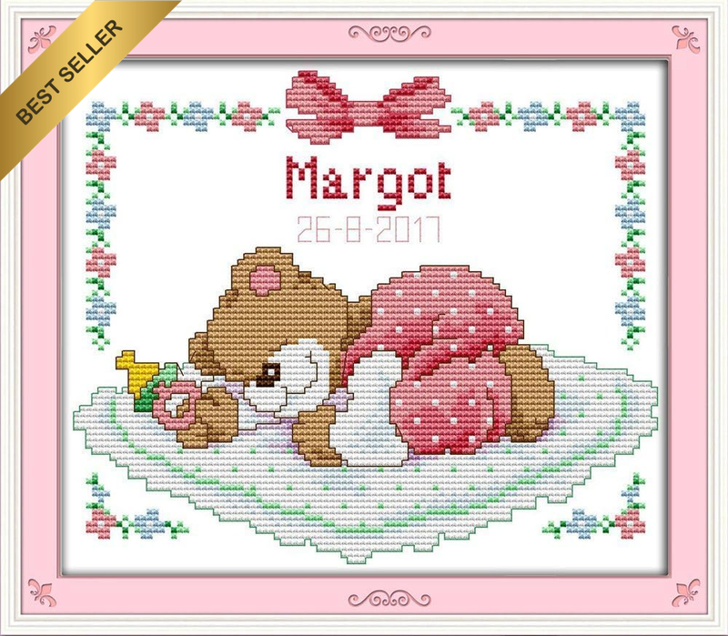 11Ct Stamped Cross Stitch Kits for Adults Beginners, Sleeping Baby Bear DIY Pre