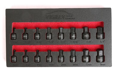 3/8'' Drive Low Profile Impact Hex Driver Set, Metric 6-19mm, SAE 1/4''-3/4'' 16pcs