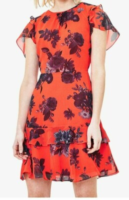 Ladies Oasis Shadow Floral Orange Dress UK 18