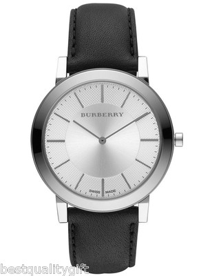 Pre-owned Burberry Black Leather+silver Tone Slim Dial Swiss Watch+sapphire Bu2350+box