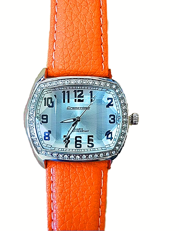 Orologio Donna Cronotime Pelle Arancio Vetro Prismatico Pietre Strass Quarzo Baf
