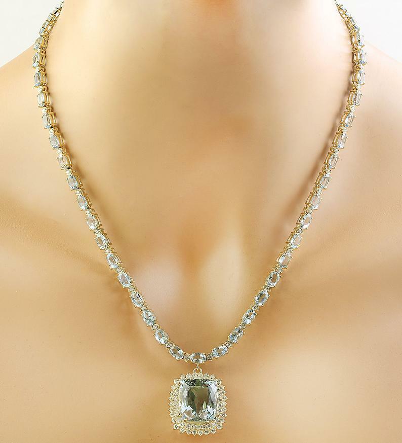 Pre-owned Online0369 Women Tennis Chain Pendant Necklace Set In 6.81ct Aquamarine Cubic Zirconia