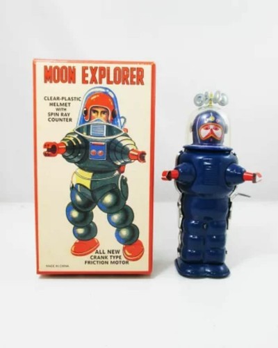 MOON EXPLORER Blue Wind up Tin Toy Robot Retro TIN TOM TOY
