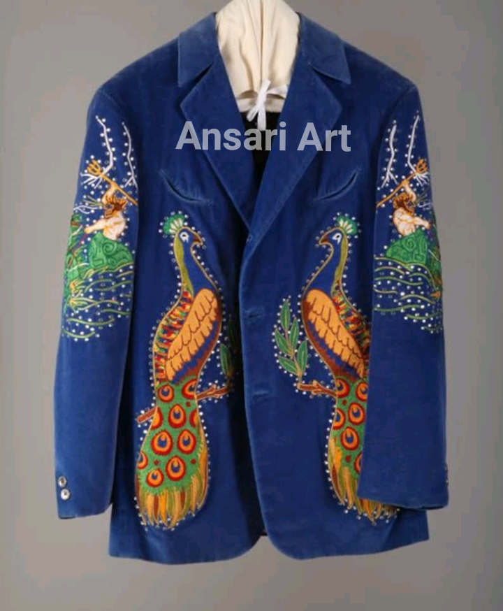 Pre-owned Art Men's Western Blazer Blue Custom Made Embroidered Velvet Jacket Retro Prom Py