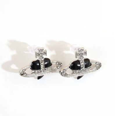 Vivienne Westwood Diamante Black Heart Orb Earrings Silver Outlet