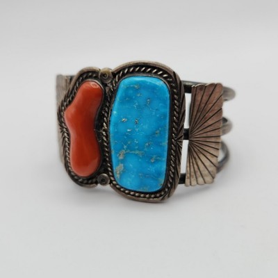 Navajo Native American Sandy Smith Sterling Silver Turquoise Coral Cuff 66g