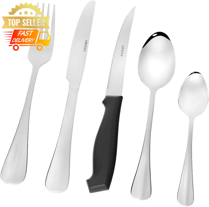 50-Piece Stainless Steel Flatware Set, Silver Finish, Baguette Cutlery