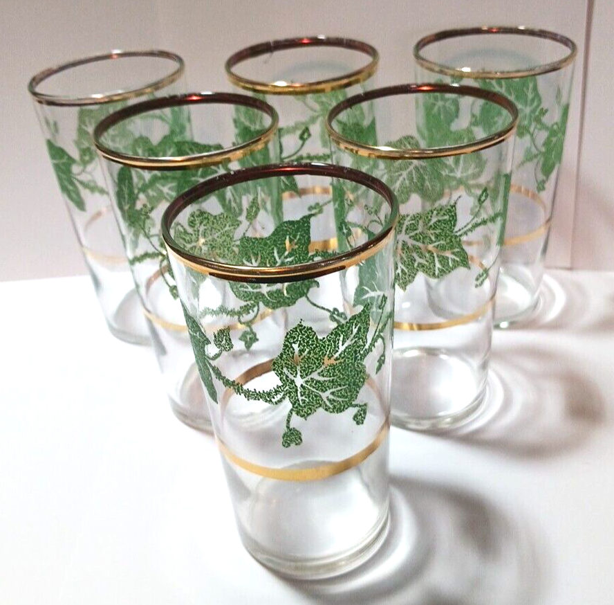 Set of 6-12 oz. MCM Gold Grape Leaf / Golden Rim / Golden Band Thin Glasses