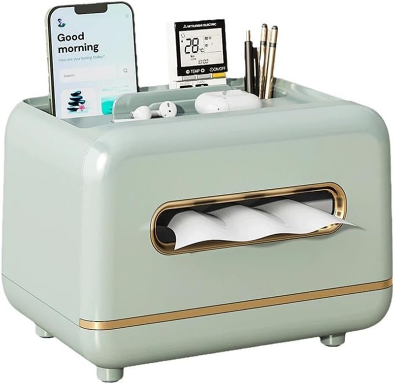 Multifunctional Tissue Box Organizer with Storage Tray & Remote Control Holder,