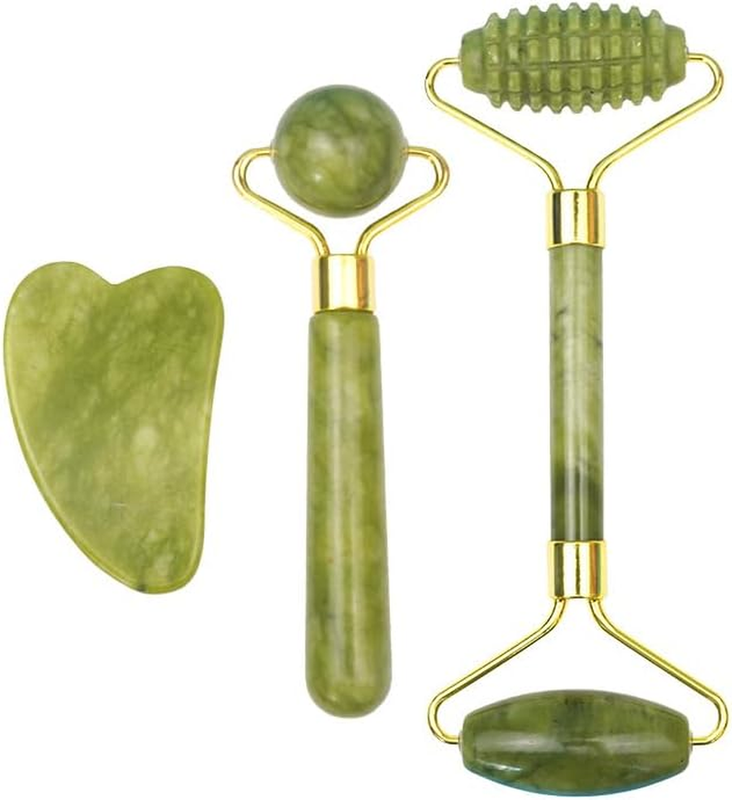 3 Pcs Jade for Face Sculpting Tool Roller Massager Gua Sha Gift Set Stone, Jade