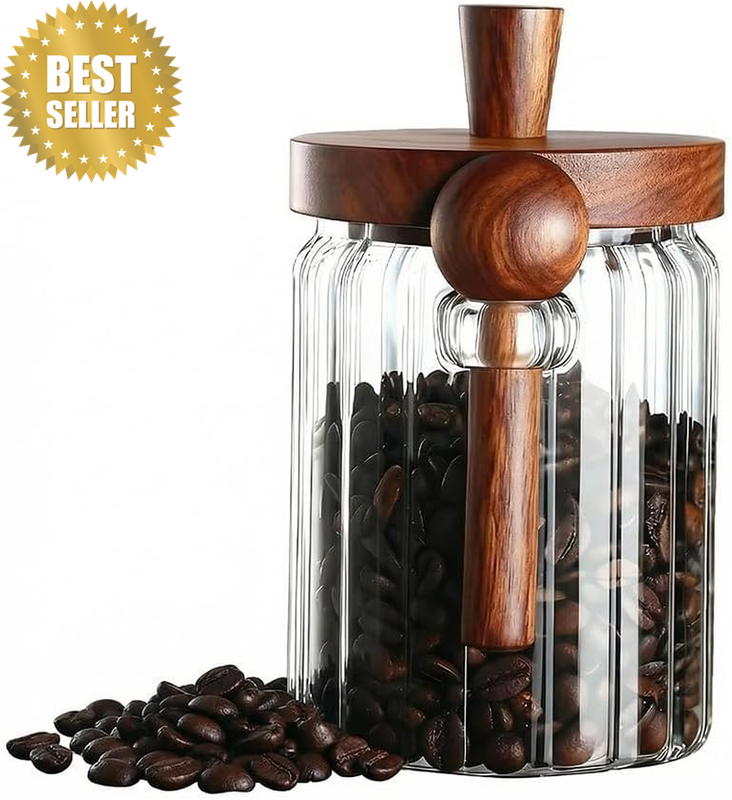 Coffee Canister Glass Coffee Storage Container with Lid and Wooden Spoon, Ribbed