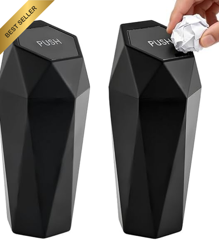 Car Cup Holder Trash Can with Lid 2 Pack, Black | Leak-Proof Design, Push-Top Li