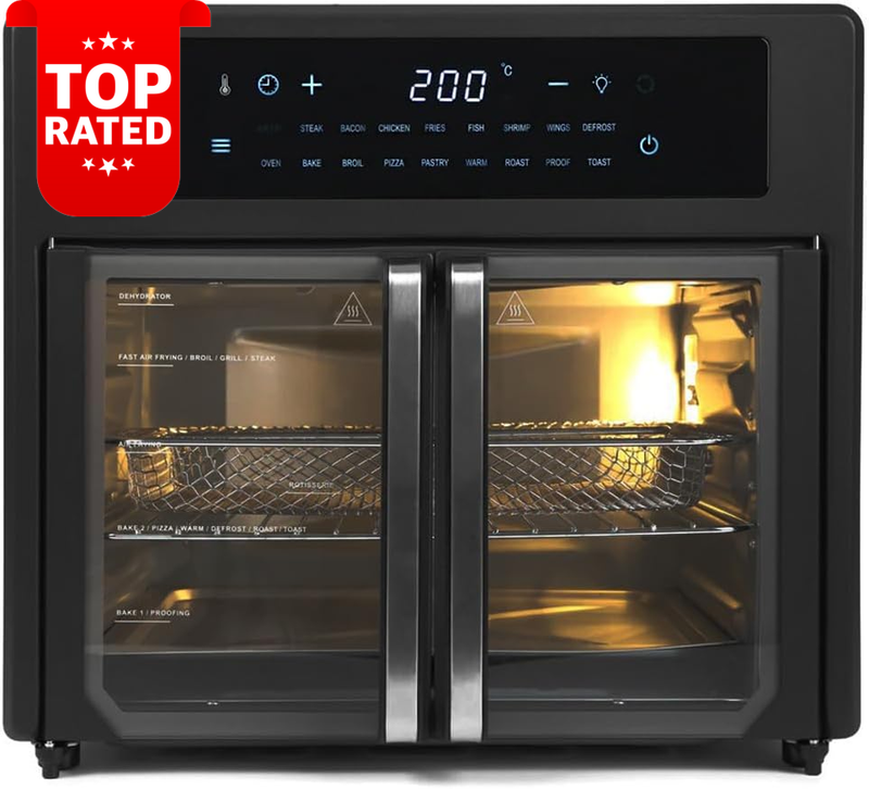 25L Digital Air Fryer Convection Oven French Doors 360° Rotation Timer 3 Layers