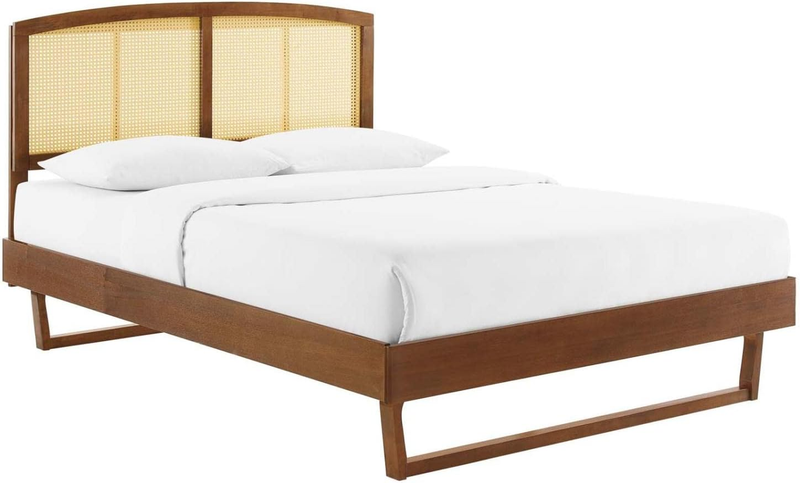 Sierra Cane and Wood Queen Platform Bed with Angular Legs in Walnut