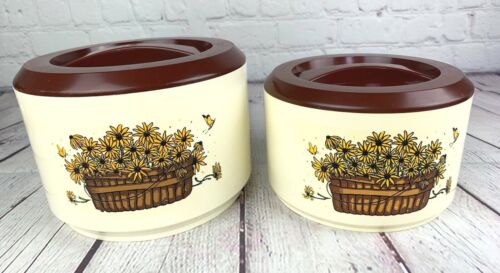 1970’s Set of 2 Plastic STERLITE Canisters-Basket of Golden Flowers/Sunflowers-B