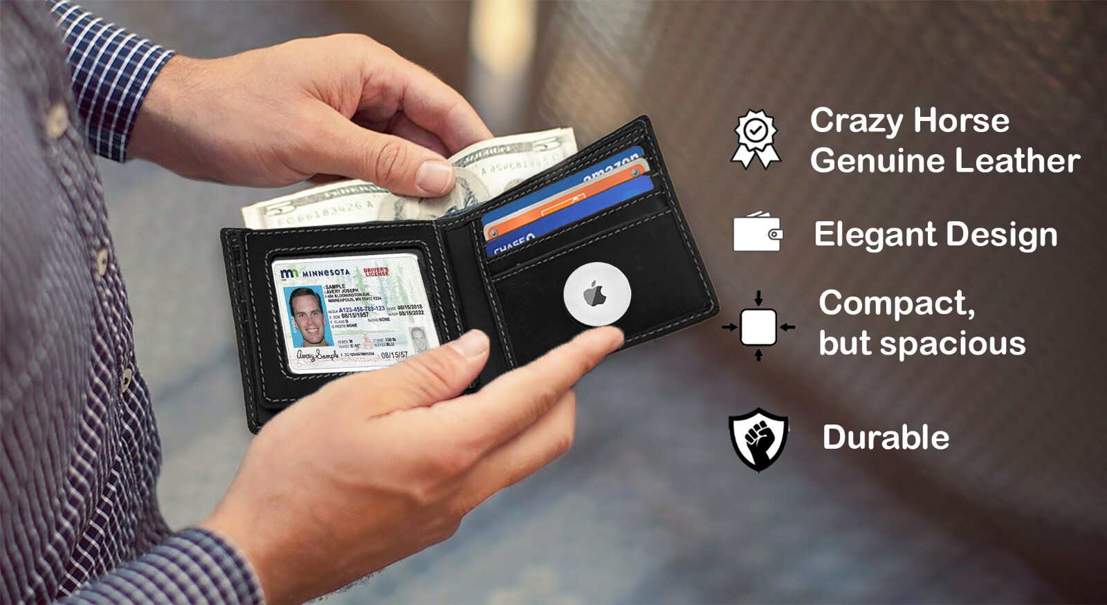 Airtag Wallet & 4-Pack Keychain Genuine Leather Credit Card Holder Air Tag Case