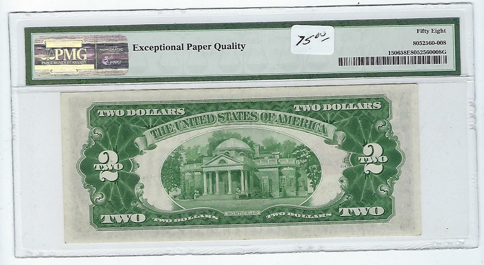 AC 1928E $2 Legal Tender PMG 58 EPQ D-A block Fr 1506
