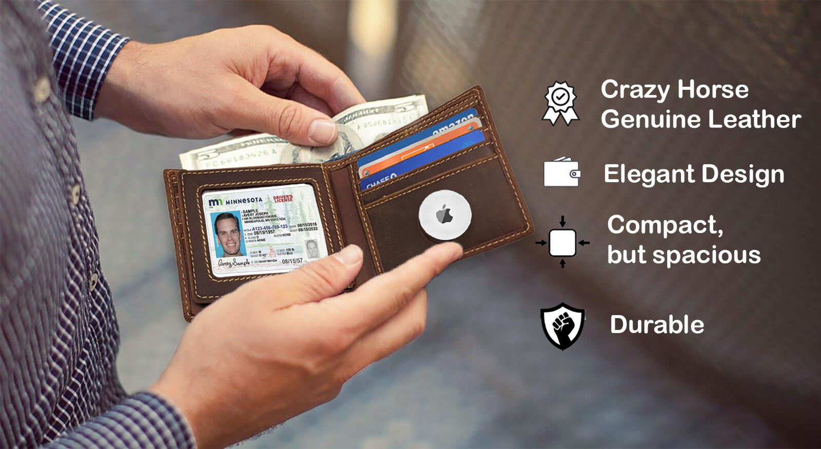 Airtag Wallet & 4-Pack Keychain Genuine Leather Credit Card Holder Air Tag Case