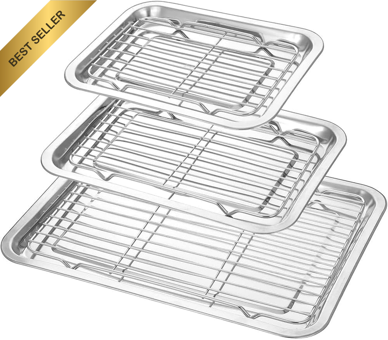 3 Pack Baking Sheet Cookie Pans Set,Stainless Steel Square Sheets with Strainer,