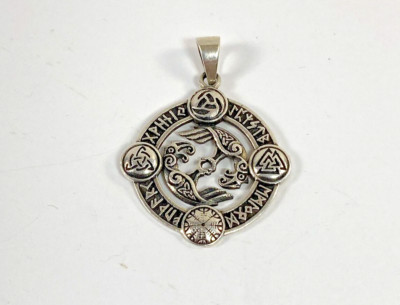 Vintage 925  Sterling Silver Odin Ravens Viking Norse Runes Symbols Pendant