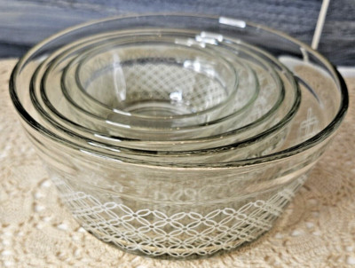 5-Piece Set Vintage Nesting Bowl Clear Glass Bowls White Lattice Pattern