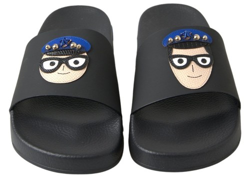 Pre-owned Dolce & Gabbana Dolce&gabbana Women Black Flip Slop Shoes 100% Leather Casual Flat Slide Sandals