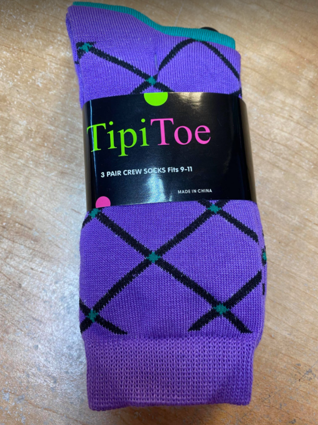 TIPI TOE CREW SOCKS 3-PACK, PURP/TEAL, 9-11
