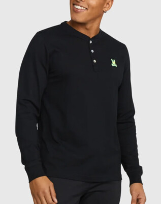 Psycho Bunny Men's Black Roscoe Long Sleeve Henley T-Shirt