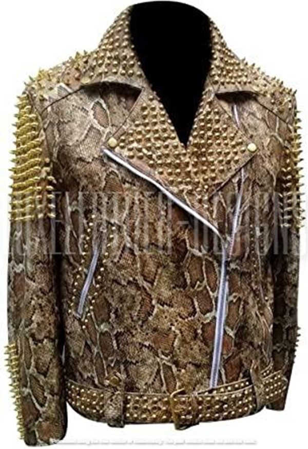 Pre-owned Handmade Men's Python Snake Skin Print Punk Gold Studded Spiked Leather Biker Jacket