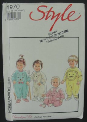 Style Sewing Pattern 1991 Babies Playsuits Animal Face 1970 Size 3MO-24MO Uncut 