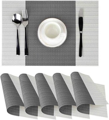 Grey Black Stripe Vinyl PVC Set of 10 Placemats, Washable Woven Non-Sl