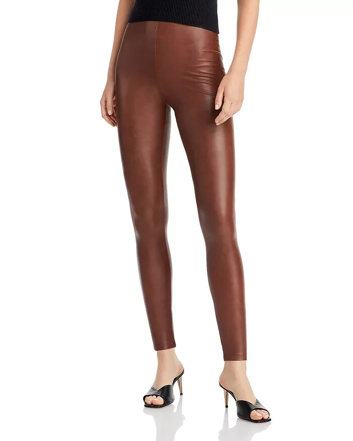 Aqua Faux Leather High Waist Leggings Women's XS Walnut Elastic Waist Pull On - Picture 1 of 15