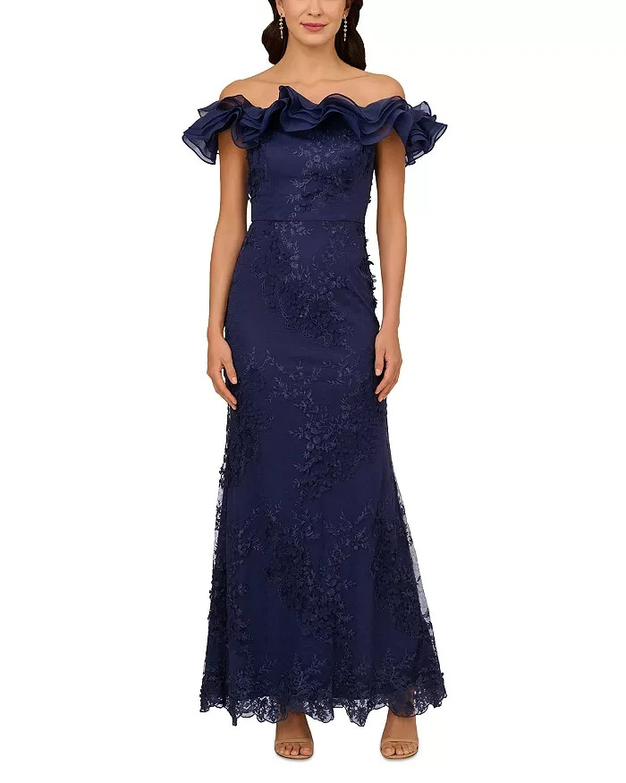 Adrianna Papell Ruffled Embroidered Mermaid Gown Women's 14 Navy 3D Floral Zip - Picture 1 of 17